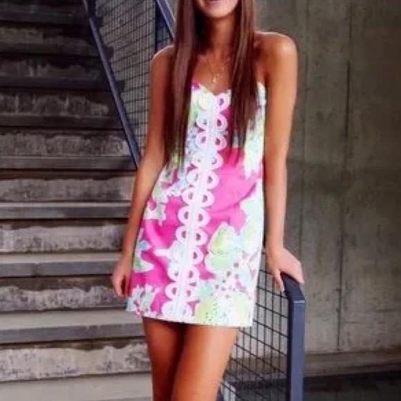 Lilly Pulitzer Pink Lemonade Print Strapless  Lace Trim Dress Size 2 - Picture 4 of 10